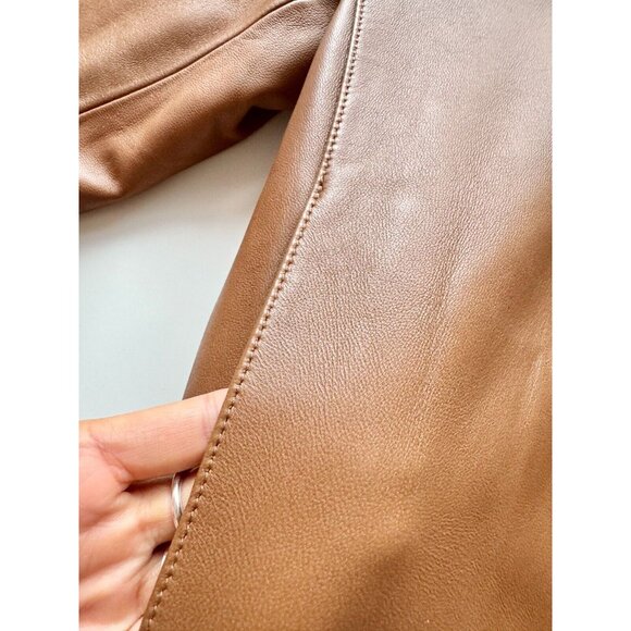 VINCE Saddle Brown Lamb Leather Zip Front Minimalist Collarless Jacket, Size S - Picture 9 of 16